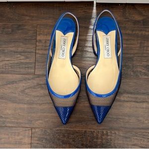 Jimmy Choo Fetto Slingback Flats Electric Blue Patent & Mesh. Size 37